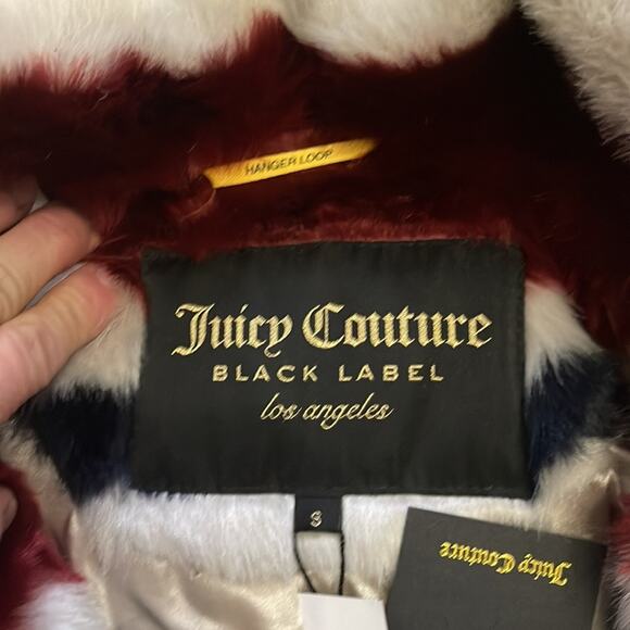 Juicy Couture Black Label Burgundy Stripe Faux Fur Button Coat Size Small - Picture 3 of 10